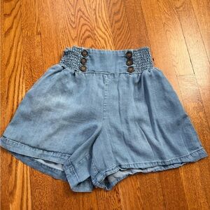 Altar’d State High Waisted Blue Flowy Denim Women's Shorts with Button Detail